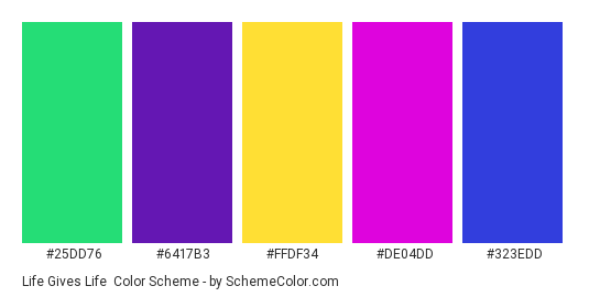 Life Gives Life - Color scheme palette thumbnail - #25DD76 #6417B3 #FFDF34 #DE04DD #323EDD 