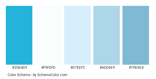Blues of the Sea - Color scheme palette thumbnail - #25b4d9 #f9fdfd #d7eefc #add6e9 #7fb9d4 