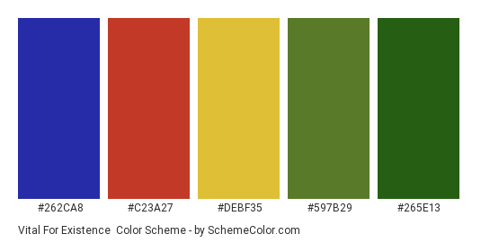 Vital for Existence - Color scheme palette thumbnail - #262CA8 #C23A27 #DEBF35 #597B29 #265E13 