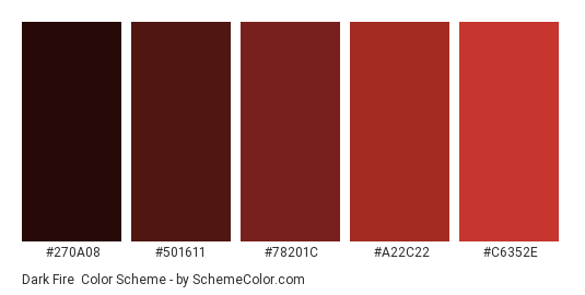 Dark Fire - Color scheme palette thumbnail - #270a08 #501611 #78201c #a22c22 #c6352e 