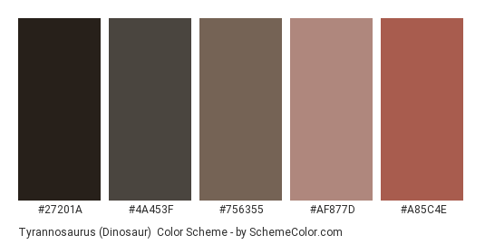 Tyrannosaurus (Dinosaur) - Color scheme palette thumbnail - #27201A #4A453F #756355 #AF877D #A85C4E 