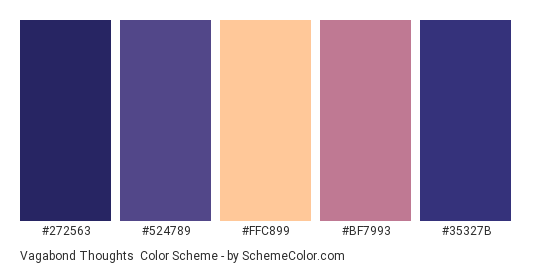 Vagabond Thoughts - Color scheme palette thumbnail - #272563 #524789 #FFC899 #BF7993 #35327B 