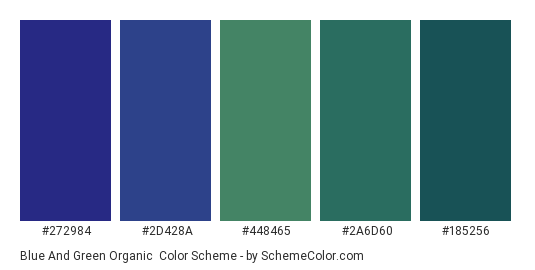 Blue and Green Organic - Color scheme palette thumbnail - #272984 #2d428a #448465 #2a6d60 #185256 