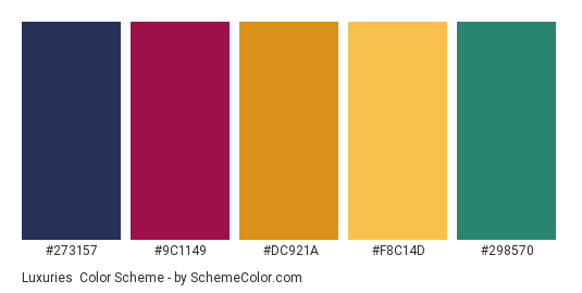 Luxuries - Color scheme palette thumbnail - #273157 #9C1149 #DC921A #F8C14D #298570 