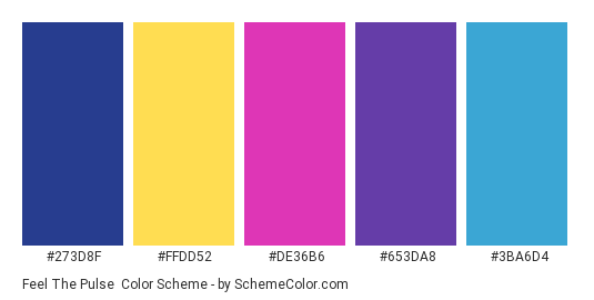 Feel the Pulse - Color scheme palette thumbnail - #273D8F #FFDD52 #DE36B6 #653DA8 #3BA6D4 