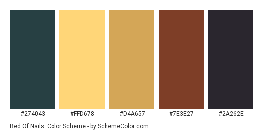 Bed of Nails - Color scheme palette thumbnail - #274043 #FFD678 #D4A657 #7E3E27 #2A262E 