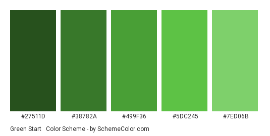 Green Start & End - Color scheme palette thumbnail - #27511D #38782A #499F36 #5DC245 #7ED06B 