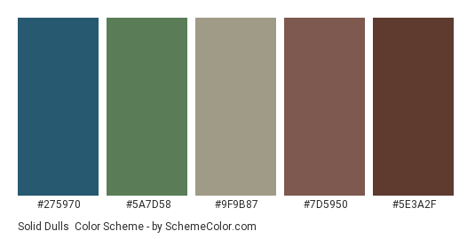 Solid Dulls - Color scheme palette thumbnail - #275970 #5a7d58 #9f9b87 #7d5950 #5e3a2f 