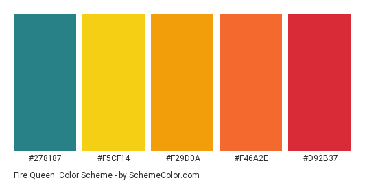 Fire Queen - Color scheme palette thumbnail - #278187 #F5CF14 #F29D0A #F46A2E #D92B37 