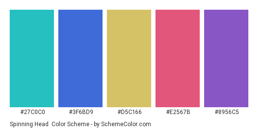 Spinning Head - Color scheme palette thumbnail - #27c0c0 #3f6bd9 #d5c166 #e2567b #8956c5 