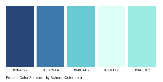 Freeza - Color scheme palette thumbnail - #284677 #3C79AA #68CAD2 #DDFFF7 #9AECE2 