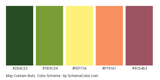 May Contain Nuts - Color scheme palette thumbnail - #284C23 #7B9C34 #FEF17A #F79161 #9C5463 
