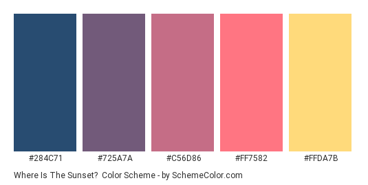 Where is the Sunset? - Color scheme palette thumbnail - #284c71 #725A7A #C56D86 #FF7582 #FFDA7B 