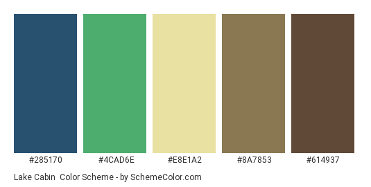 Lake Cabin - Color scheme palette thumbnail - #285170 #4CAD6E #E8E1A2 #8A7853 #614937 
