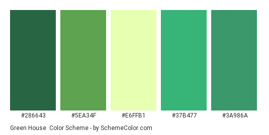 Green House - Color scheme palette thumbnail - #286643 #5EA34F #E6FFB1 #37B477 #3A986A 