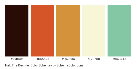 Halt the Decline - Color scheme palette thumbnail - #290C05 #D65528 #D4923A #F7F7D8 #84C7A5 