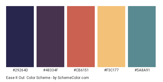 Ease it Out - Color scheme palette thumbnail - #29264D #48334F #CB6151 #F3C177 #5A8A91 