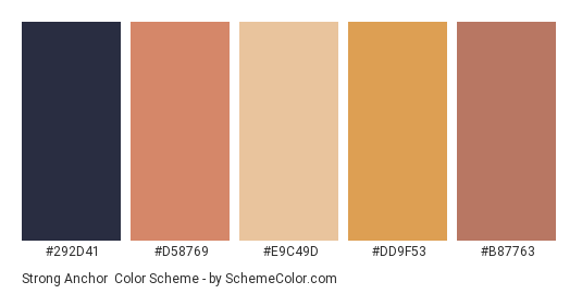 Strong Anchor - Color scheme palette thumbnail - #292d41 #d58769 #e9c49d #dd9f53 #b87763 