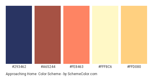 Approaching Home - Color scheme palette thumbnail - #293462 #A65244 #FE8463 #FFF8C6 #FFD080 