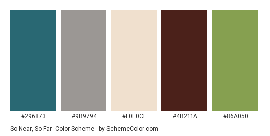So Near, So Far - Color scheme palette thumbnail - #296873 #9B9794 #F0E0CE #4B211A #86A050 