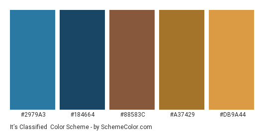 It’s Classified - Color scheme palette thumbnail - #2979A3 #184664 #88583C #A37429 #DB9A44 