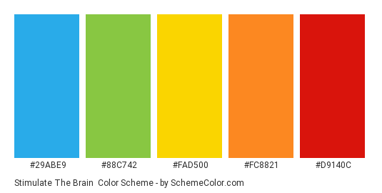 Stimulate the Brain - Color scheme palette thumbnail - #29ABE9 #88C742 #FAD500 #FC8821 #D9140C 