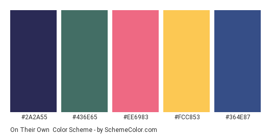 On Their Own - Color scheme palette thumbnail - #2A2A55 #436E65 #EE6983 #FCC853 #364E87 
