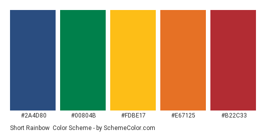 Short Rainbow - Color scheme palette thumbnail - #2A4D80 #00804B #FDBE17 #E67125 #B22C33 