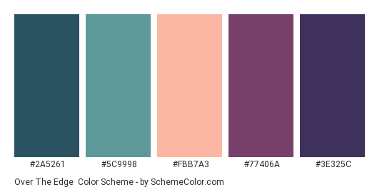 Over the Edge - Color scheme palette thumbnail - #2A5261 #5C9998 #FBB7A3 #77406A #3E325C 