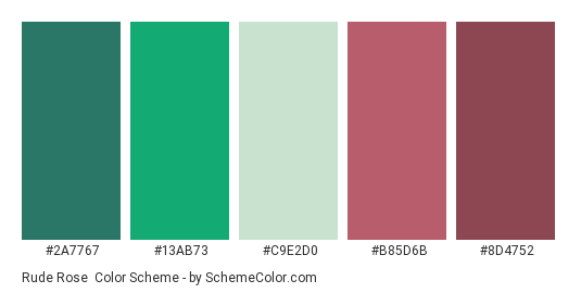 Rude Rose - Color scheme palette thumbnail - #2A7767 #13AB73 #C9E2D0 #B85D6B #8D4752 