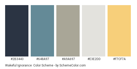 Wakeful Ignorance - Color scheme palette thumbnail - #2B3443 #648A97 #A9A697 #E3E2DD #F7CF7A 