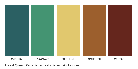 Forest Queen - Color scheme palette thumbnail - #2B6063 #449472 #E1C86E #9C5F2D #65261D 
