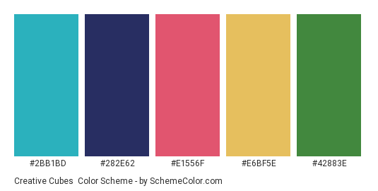 Creative Cubes - Color scheme palette thumbnail - #2BB1BD #282E62 #E1556F #E6BF5E #42883e 