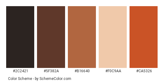 Pretty Hair - Color scheme palette thumbnail - #2C2421 #5F382A #B16640 #F0C9AA #CA5326 