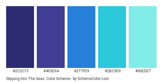 Slipping into the Seas - Color scheme palette thumbnail - #2C2C73 #403D94 #277FD9 #2BC9D9 #80EDE7 