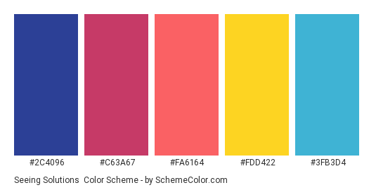 Seeing Solutions - Color scheme palette thumbnail - #2C4096 #C63A67 #FA6164 #FDD422 #3FB3D4 