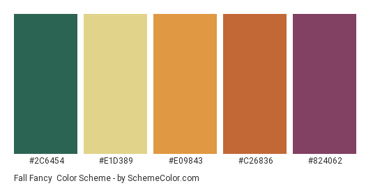 Fall Fancy - Color scheme palette thumbnail - #2C6454 #E1D389 #E09843 #C26836 #824062 