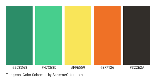 Tangeos - Color scheme palette thumbnail - #2C8D68 #47CE8D #F9E559 #EF7126 #322E2A 