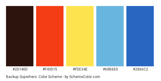 Backup Superhero - Color scheme palette thumbnail - #2D140D #F43D15 #FDE34E #68B6E0 #2866C2 