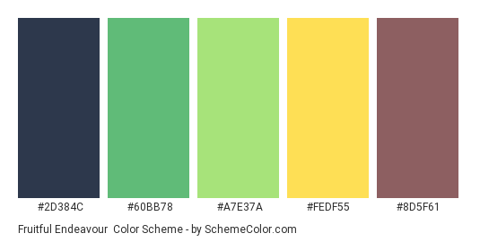Fruitful Endeavour - Color scheme palette thumbnail - #2D384C #60BB78 #A7E37A #FEDF55 #8D5F61 