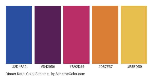 Dinner Date - Color scheme palette thumbnail - #2D4FA2 #542056 #B92D65 #D87E37 #E8BD50 