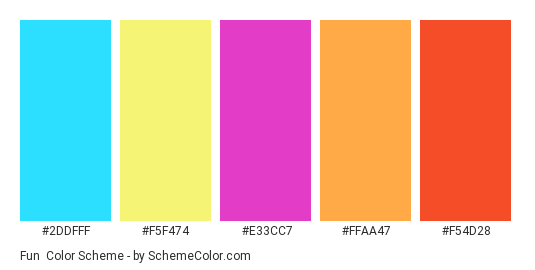 Fun - Color scheme palette thumbnail - #2DDFFF #F5F474 #E33CC7 #FFAA47 #F54D28 
