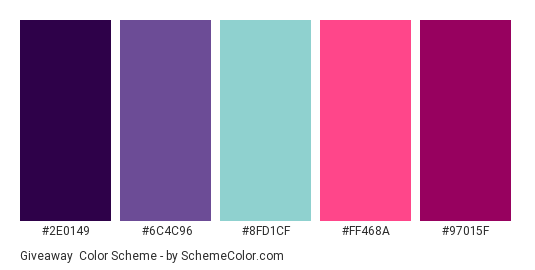 Giveaway - Color scheme palette thumbnail - #2E0149 #6C4C96 #8FD1CF #FF468A #97015F 