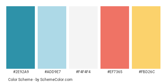 Summer Happiness - Color scheme palette thumbnail - #2E92A9 #ADD9E7 #F4F4F4 #EF7365 #FBD26C 