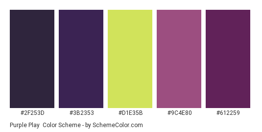 Purple Play - Color scheme palette thumbnail - #2F253D #3B2353 #D1E35B #9C4E80 #612259 