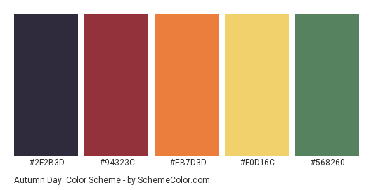 Autumn Day - Color scheme palette thumbnail - #2F2B3D #94323C #EB7D3D #F0D16C #568260 