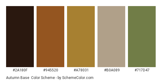 Autumn Base - Color scheme palette thumbnail - #2a180f #945520 #a78031 #b0a089 #717d47 