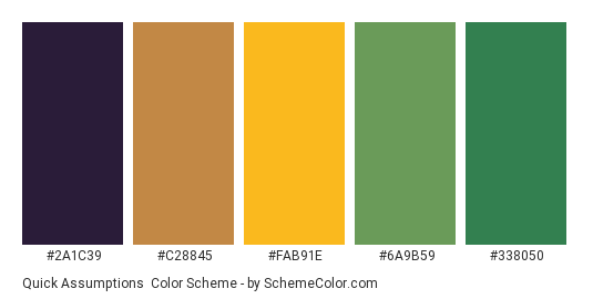 Quick Assumptions - Color scheme palette thumbnail - #2a1c39 #c28845 #fab91e #6a9b59 #338050 