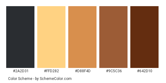I Love Cinnamon - Color scheme palette thumbnail - #2a2d31 #ffd282 #d88f4d #9c5c36 #642d10 