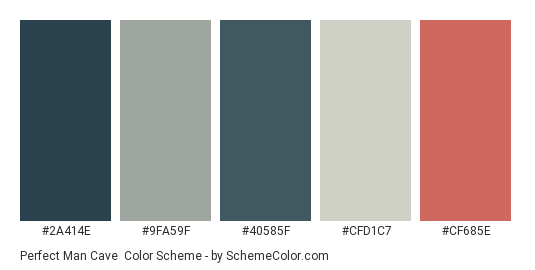 Perfect Man Cave - Color scheme palette thumbnail - #2a414e #9fa59f #40585f #cfd1c7 #cf685e 